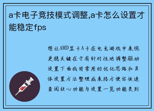 a卡电子竞技模式调整,a卡怎么设置才能稳定fps